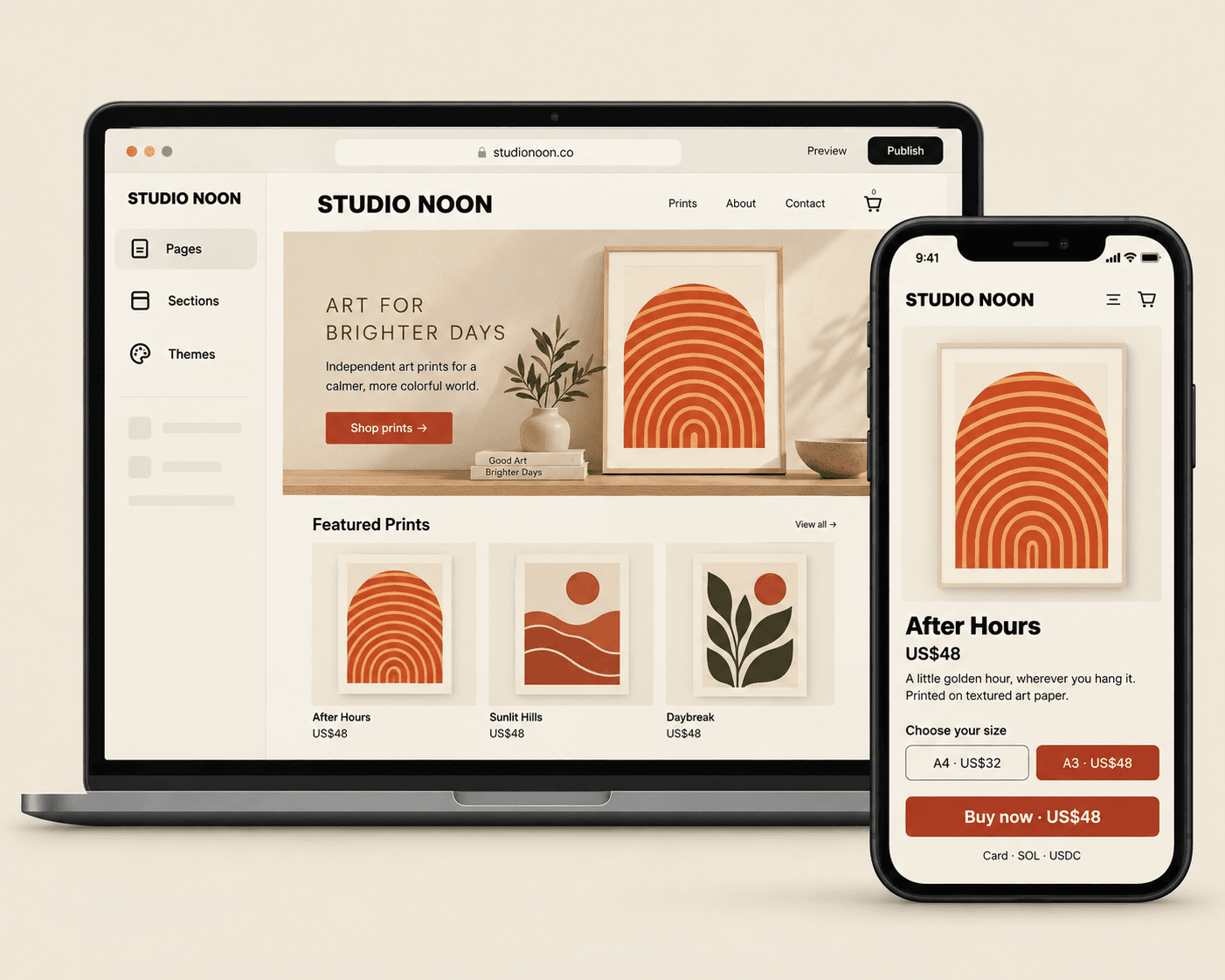 Illustrative art-print shop with a desktop storefront editor and a matching mobile product page.